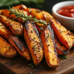 Pieczone frytki z batatów z rozmarynem i ketchupem na desce.
