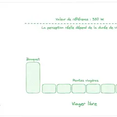 Comparaison vente classique (350k€) et viager libre : un bouquet puis des rentes viagères à vie. La perception dépend de la durée de vie.
