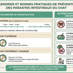 Calendrier de vermifugation et actions pour prévenir les vers intestinaux du chat. Conseils pour chatons, chats d'intérieur et d'extérieur.