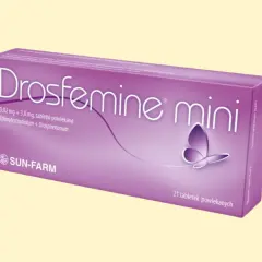 Opakowanie tabletek jednoskładnikowych Drosfemine mini z motylem. Zawiera 21 tabletek powlekanych.