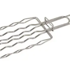 A silver grill basket with a wooden handle that says "MUURIKKA".