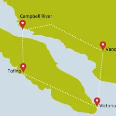 Karte von Vancouver Island mit markierten Orten: Campbell River, Tofino, Vancouver und Victoria.