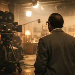 Gigi Reder, con occhiali e giacca, osserva un set cinematografico con cinepresa d'epoca e luci soffuse.
