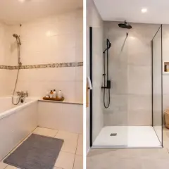 Avant/après : une transformation de salle de bain pour changer une baignoire en douche moderne et spacieuse.