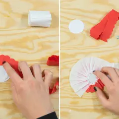 Schritt-für-Schritt-Anleitung, wie man einen Karnevalsorden selber macht. Rote und weiße Krepppapierstreifen werden zu einem dekorativen Orden zusammengeklebt.