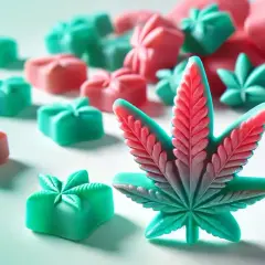 Bunte CBD Gummibärchen in Form von Cannabisblättern und Geschenken.