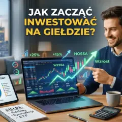 Mężczyzna wskazuje na wykres wzrostu na laptopie, obok tablet z wykresem kołowym i książka o giełdzie.