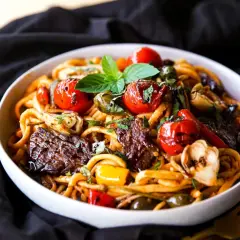 Herzhaftes Pasta mit Rindfleisch, Tomaten und Kräutern, ein köstliches italienisches Gericht.