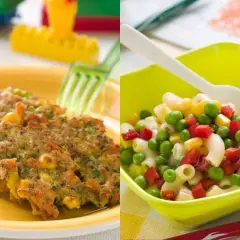 Tortitas de verduras y ensalada de pasta con guisantes, maíz y pimiento rojo. ¡Deliciosas recetas con verduras para niños!