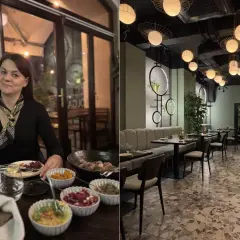 Kobieta z kieliszkiem wina w jednej z **ciekawych restauracji okolic Krakowa**. Wnętrze lokalu z nowoczesnym designem i eleganckimi lampami.