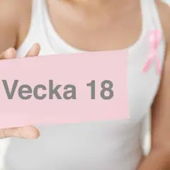 En person håller upp en rosa lapp med texten "Vecka 18". En rosa band pryder personens vita linne.