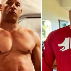 Vin Diesel w dwóch ujęciach: bez koszulki pokazujący tors i w czerwonej bluzie z białym dzikiem.