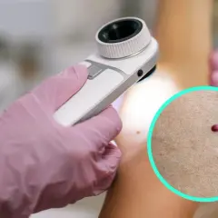 Dermatolog bada naczyniaka rubinowego za pomocą dermatoskopu.