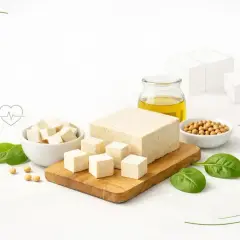 Czy tofu jest zdrowe? Na zdjęciu kostki tofu, soja, olej i szpinak, sugerujące zdrową dietę.