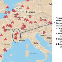 Mapa Europy z zaznaczonymi symbolami elektrowni atomowych, głównie we Francji.