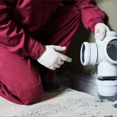 Instalator w czerwonym kombinezonie montuje białe rury kanalizacyjne. To kluczowy etap instalacji, który zapewni prawidłowe odprowadzanie popłuczyn ze zmiękczacza wody.