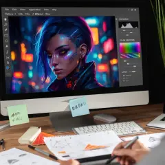 Grafik komputerowy uczy się, jak przerobić zdjęcie, edytując portret cybernetycznej kobiety na monitorze.