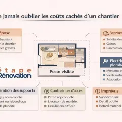 Schéma des coûts cachés d'un chantier de rénovation d'un f3 appartement, incluant dépose, reprises techniques, électricité/plomberie, préparation des supports, contraintes d'accès et imprévus.