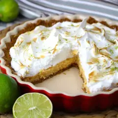 Delicioso key lime pie con merengue dorado y ralladura de lima, acompañado de limas frescas.