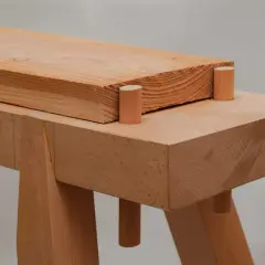 Holzverbindung für eine Werkbank selbst bauen: Ein Holzbalken ruht auf zwei Holzdübeln, die in einer weiteren Holzplatte stecken.
