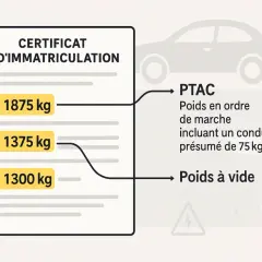 Extrait du certificat d'immatriculation : PTAC (poids en ordre de marche) 1875 kg, poids à vide 1300 kg. Le poids carte grise est essentiel.
