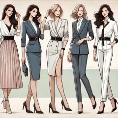 Eleganckie kobiety prezentują stylową odzież damską: garnitury, spódnice i płaszcze.