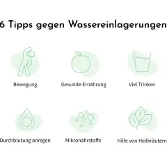6 Tipps gegen Wassereinlagerungen: Bewegung, gesunde Ernährung, viel trinken, Durchblutung anregen, Mikronährstoffe, Heilkräuter. So kann man abnehmen und Wasser verlieren.