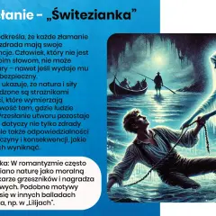 Świtezianka streszczenie: młody mężczyzna w wodzie, wciągany przez świetlistą nimfę, łódź z ludźmi na tle jaskini.