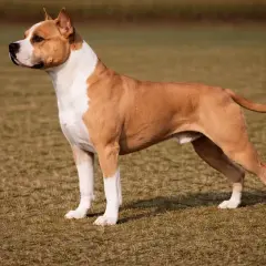 Ein stolzer American Staffordshire Terrier steht auf einer Wiese. Sein braun-weißes Fell glänzt in der Sonne.