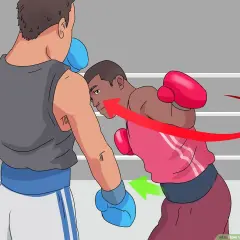 Boxer in red throws a powerful hook punch, aiming for his opponent's head. The red arrow shows the arc of the throw.