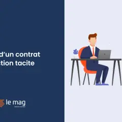 Un homme d'affaires travaille sur son ordinateur, symbolisant la résiliation d'un contrat à reconduction tacite. Un document "2 mois préavis" flotte à côté.