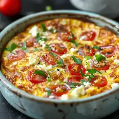 En gyllene omelett i airfryer, toppad med körsbärstomater, fetaost och färska örter. Enkel och god middag!