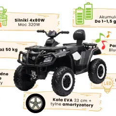 Czarny quad z napędem 4x4 dołączanym automatycznie, silnikami 4x80W, udźwigiem 50 kg, wygodnym siedzeniem, panelem audio i światłami LED.