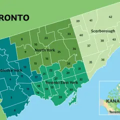 Mapa pokazuje, gdzie jest Toronto, podzielone na dzielnice: Etobicoke York, North York, Scarborough i Toronto East York.
