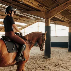 Kobieta w kasku i brązowych bryczesach siedzi na kasztanowatym koniu w ujeżdżalni. Może to być instruktor jazdy konnej bez uprawnień, uczący się lub ćwiczący.