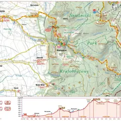 Mapa szlaku turystycznego, fragment Głównego Szlaku Sudeckiego, z zaznaczonymi miejscowościami, szczytami i profilami wysokości.
