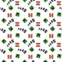 Wesoła tkanina z motywem Minecraft: zielone Creepery, wybuchowe TNT i czarne "ssss". Idealna dla fanów gry!