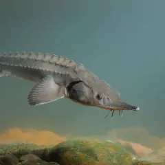 Un esturgeon, poisson emblématique de France, nage dans les eaux claires, son corps couvert d'écussons le protégeant.