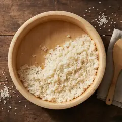 En träskål fylld med fluffigt, ångande ris. Bredvid ligger en träsked och en liten skål, redo att förbereda det godaste riset.