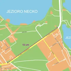 Mapa okolicy Jeziora Necko i Jeziora Białe. Odcinek 12 cm na mapie odpowiada 2 km w rzeczywistości (skala 2:1).