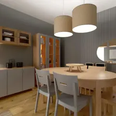 Nowoczesny salon z jadalnią: drewniany stół, szare krzesła, komody i wiszące szafki. Gotowe projekty salonu inspirują do stworzenia przytulnej przestrzeni.