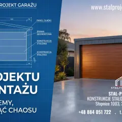 Nowoczesny garaż dobudowany do domu, pokazany na projekcie technicznym i jako gotowa realizacja. Stalowe konstrukcje i bramy segmentowe.