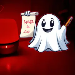Un fantasma sonriente con un pergamino que dice "Apaga la luz" y un lápiz, junto a una lámpara roja que aún emite un brillo, porque foco downlight se queda un poco con luz.
