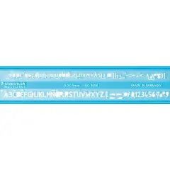 Gabarit Staedtler pour décorer une lettre avec des lettres majuscules, minuscules, chiffres et symboles.