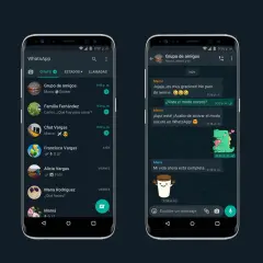 Dwa telefony z WhatsApp w trybie ciemnym. Na jednym ekranie lista czatów, na drugim rozmowa. Dowiedz się, jak wyłączyć tryb ciemny w telefonie.