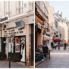 Théâtre de la Huchette et rue animée avec restaurants dans le quartier latin.