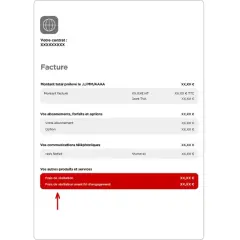 Facture détaillée montrant les frais de résiliation. Une flèche rouge pointe vers la ligne "Frais de résiliation", indiquant un possible remboursement.