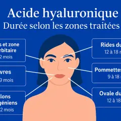 Infographie sur la durée des effets de l'acide hyaluronique selon les zones traitées : cernes, lèvres, rides, pommettes, ovale du visage. Un bienfait pour la peau.