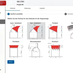 Software zur Berechnung von **ableitbedingungen schornstein**. Auswahl verschiedener Dachformen für Gebäude mit Abgasanlage.