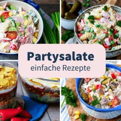 Vier leckere Partysalate, von Nudel- bis Schichtsalat, perfekt für deine nächste Feier. Hier findest du die besten Salate zur Party!